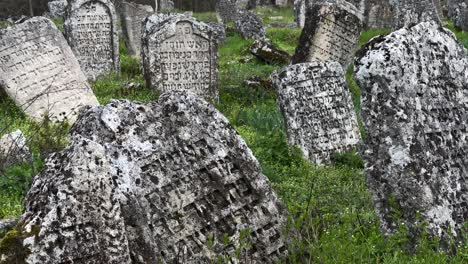 Close-hand-camera-shot-of-thumb-stones-with-Hebrew-inscription-on-an-ancient-Jewish-cemetery-in-the-village-Rascov-in-Transnistria,-the-Pridnestrovian-Moldavian-Republic---Establishing-eshot-2023