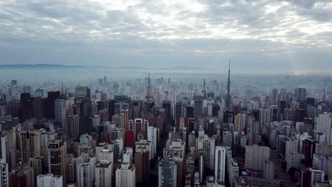 Dramatic-panorama-aerial-4k-shot-of-downtown-Sao-Paolo-with-stunning-lights-and-sky-in-early-morning