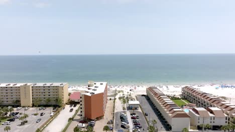 Gulf-Shores,-Alabama-skyline-and-beach-with-drone-video-moving-low-to-high