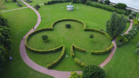 Aerial-shoot-from-drone,-girl-walking-out-a-clover-park-form,-France