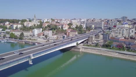 Incredible-aerial-shot-of-Sava-river-and-Branko-bridge-in-Belgrade-city-centre