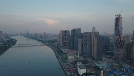Aerial-view-of-newly-developed-business-and-financial-area-on-the-bank-of-Pearl-river-on-the-sunset