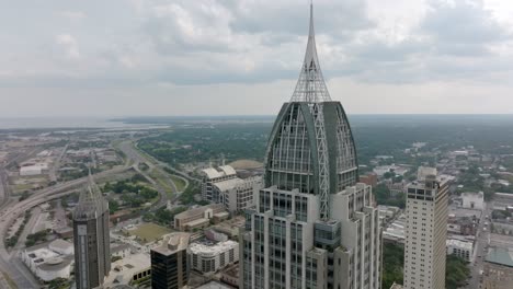 Downtown-Mobile,-Alabama-with-drone-video-close-up-moving-in-a-circle-and-reveal