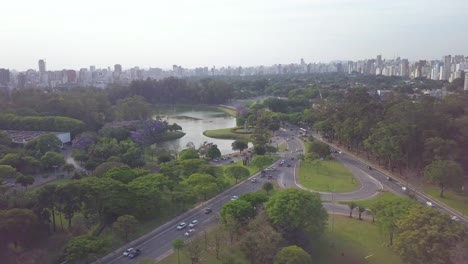 Aerial-shot-of-Ibirapuera-park-and-Sao-Paolo's-skyline-in-Brazil