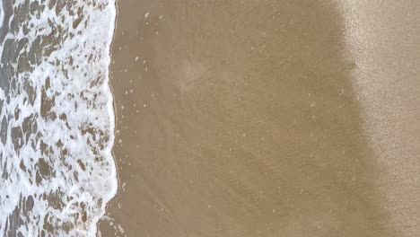 vertical-view-of-the-wave-that-glides-through-the-wet-sand-of-the-shore-of-the-beach,-vertical
