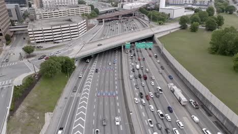 Traffic-jam-in-downtown-Atlanta,-Georgia-with-drone-video-stable