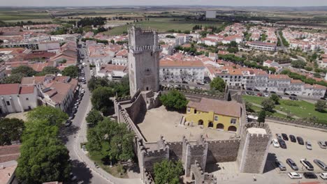 Establishing-shot-of-Medieval-Castle-of-beja-view-from-above,-Orbiting-Shot