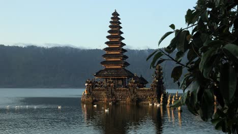 Unveiling-shot-of-Pura-Segara-Ulun-Danu-a-spiritual-temple-in-the-water-on-Bali-with-reflecting-water-and-view-of-ducks,-nature-and-the-golden-hour