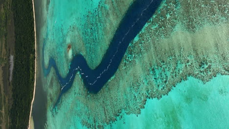 Flyover,-vertical-format,-over-Shark-Fault-in-Grande-Terre,-New-Caledonia,-towards-Poé-Beach
