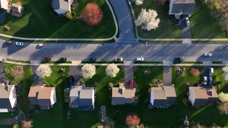 Top-down-aerial-shot-of-neighborhood-in-spring