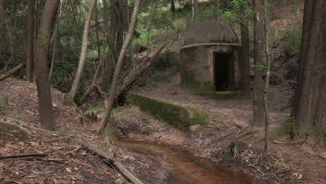 Small-fountain-with-little-cement-house-in-the-middle-of-forest-trees-and-running-stream