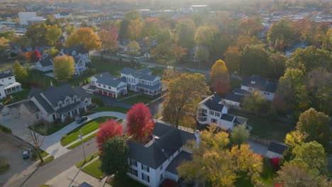 Aerial-over-nice-houses-in-Kirkwood-neighborhood-at-sunset
