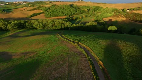 Aerial-at-low-light-over-the-typically-Tuscany-landscape-near-Pienza,-Province-of-Siena,-Italy