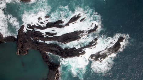Aerial-topdown-of-waves-hitting-rocks-on-coasltine,-Madiera,-Portugal