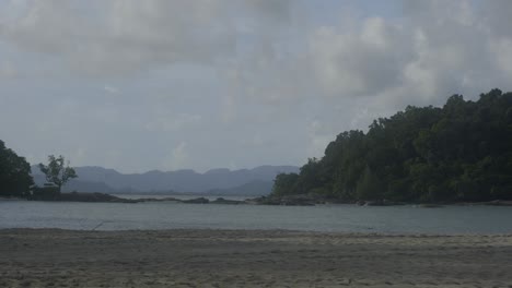 Static-wide-shot-of-beachfront-with-trees-and-mountains