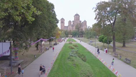 Slow-opening-aerial-shot-of-Tasmajdan-Park-and-St-Marko-church-in-summer-day,-Belgrade