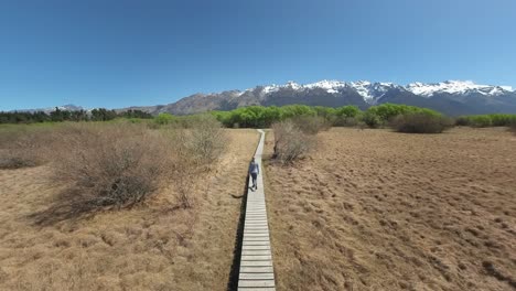 Woman-hiking-on-wooden-boardwalk-at-Glenorchy-with-distant-New-Zealand-mountains