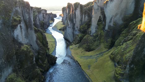 Fjadrargljufur-Canyon-in-Iceland-with-Steep-Green-Walls,-Aerial-Flying
