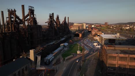 An-aerial-view-of-the-Bethlehem-Steel-Stacks-in-Pennsylvania-at-sunset