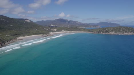 Turquoise-And-Tranquil-Seascape,-Whisky-Bay-And-Picnic-Bay-In-Wilsons-Promontory-National-Park,-Australia---aerial-drone-shot