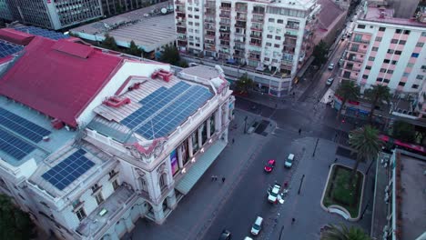 Drone-Flyover-Santiago-Municipal-Theater-facade,-the-National-Opera-in-Chile