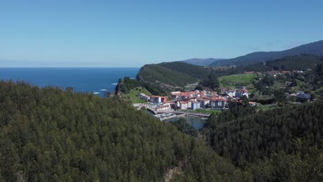 Das-Baskische-Fischerdorf-Wird-Sichtbar,-Wenn-Luftaufnahmen-Aus-Waldbäumen-Aufsteigen