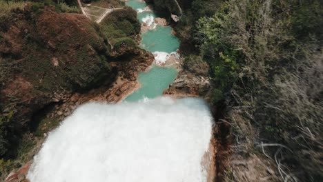 Chiflon-Waterfall-Cascades-In-Chiapas,-Mexico---aerial-drone-shot
