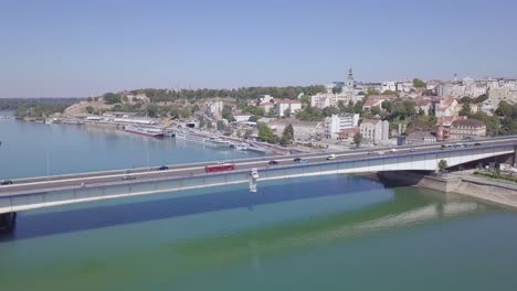 Incredible-4k-sliding-aerial-shot-of-Branko-bridge-in-Belgrade,-Serbia