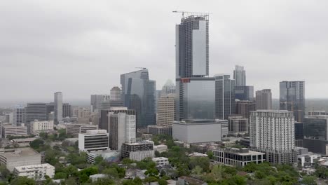 Downtown-Austin,-Texas-skyline-with-drone-video-close-up-moving-left-to-right