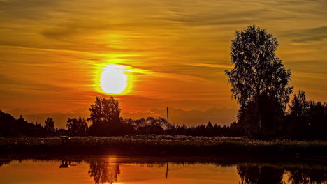 Leuchtender-Goldener-Sonnenaufgang-über-Einem-Teich-Mit-Leuchtenden-Farben,-Die-Vom-Wasser-Reflektiert-Werden-–-Zeitraffer