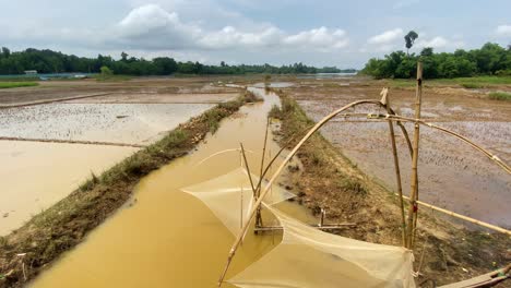 Angelfallen-Auf-Einem-Wasserkanal-In-Einem-Schlammland,-Ländliches-Bangladesch