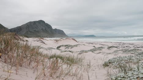 Pristine-beach-with-sand-dunes-and-vegetation-as-waves-break-and-mountains-in-the-distance