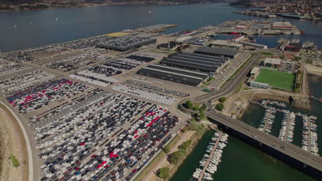 Aerial-view-over-Harbour-Vigo,-Car-manufacture-in-Vigo,-Galicia-Zona-Franca