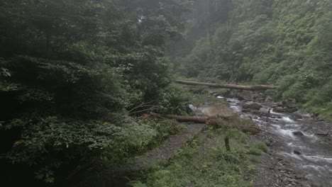 Low-slow-flight-up-misty-jungle-river-reveals-Tiu-Kelep-waterfall