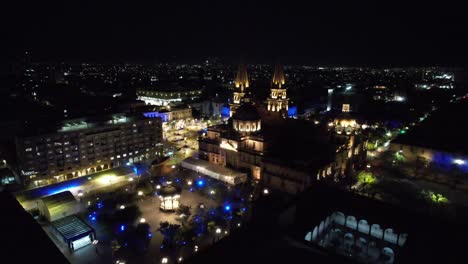 Guadalajara-Night-Aerial-Of-Plaza-De-Armas-And-Catedral