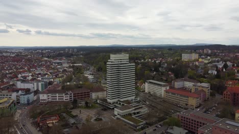 Aerial-Drone-View-towards-Municipality-Building-in-K-Town-Kaiserslautern,-Germany-on-a-saturday-with-empty-streets-and-squares