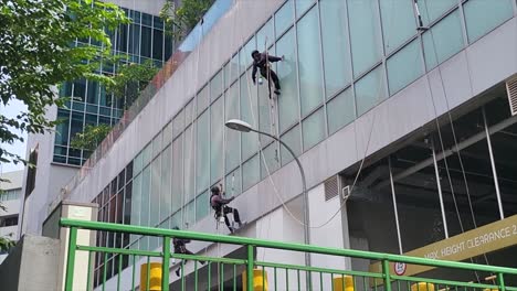 Cleaners-Hanging-By-The-Ropes-Cleaning-And-Washing-The-Exterior-Wall-Of-A-High-rise-Building-In-The-City