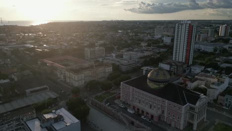 Aerial-Drone-Fly-Above-The-Amazon-Theatre-Manaus-Brazil-Cityscape-during-Daylight,-Skyline-and-Town,-Touristic-Landscape