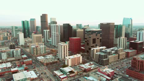 Aerial-drone-view-of-Denver,-Colorado-during-sunset