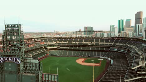 Aerial-drone-view-of-Coors-Field-in-Denver,-Colorado-during-sunset