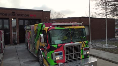 Colorful-Brampton-Firetruck-Honouring-Black-Men-And-Women-Who-Made-Contributions-To-Firefighting-Community,-Parked-At-The-Fire-Station-In-Brampton,-Canada