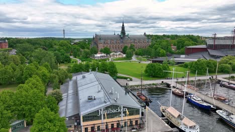 Aerial-of-Junibacken-Fairytale-World-and-the-Nordic-Museum-exterior-in-Stockholm
