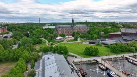 Establishing-shot-of-Nordic-Museum-on-Djurgarden-Island-in-Stockholm-Sweden
