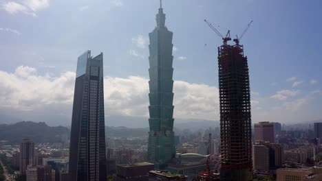 Aerial-panorama-view-of-101-Skyscraper-Tower,-Taipei-Nan-Shan-Plaza,-The-Sky-Taipei-on-the-right-during-construction-phase-in-Taiwan