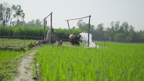Bangladeschischer-Bauer-Sitzt-Auf-Einem-Reisfeld-Und-Spendet-Wasser-Mit-Einer-Wasserpumpe