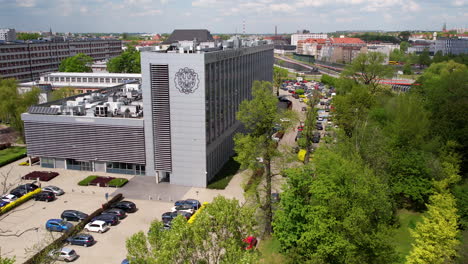 Aerial-view-of-Silesian-University-of-Technology-building,-Gliwice,-Poland