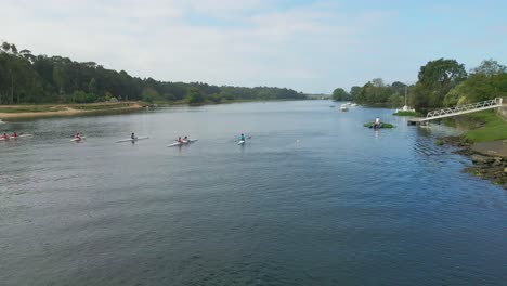 Aerial-Fly-over-People-Canoeing-in-Cávado-River,-Esposende-Portugal