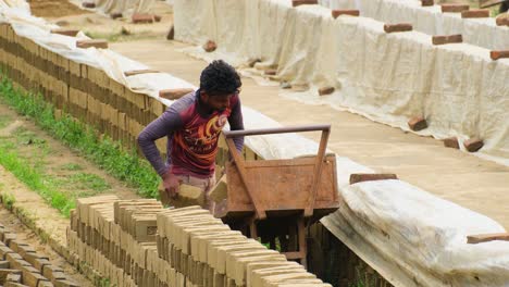 Brick-field-worker-loading-cart-with-Dry-raw-brick,-Handcraft-work,-May-day-concept