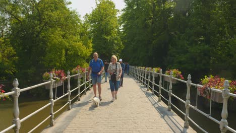Älteres-Paar-Spaziert-Mit-Hund-Im-Minnewater-Park-In-Brügge,-Belgien