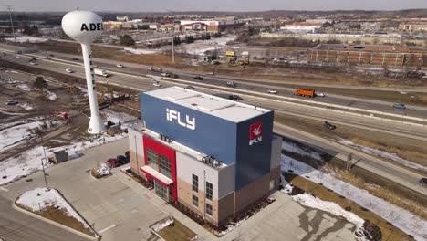iFly-indoors-skydiving-facility-in-Novi-Michigan,-USA,-aerial-view